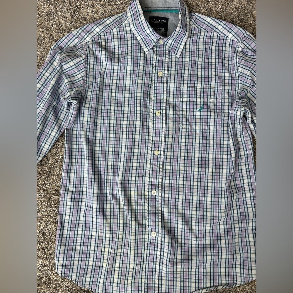 Nautica Boys Button up Dress Shirt in purple and blue size Large 14/16 - Picture 2 of 8